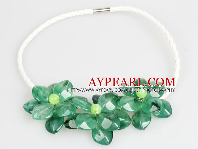 Fashion Style Green Acrylic Flower Bib Statement Leather Necklace