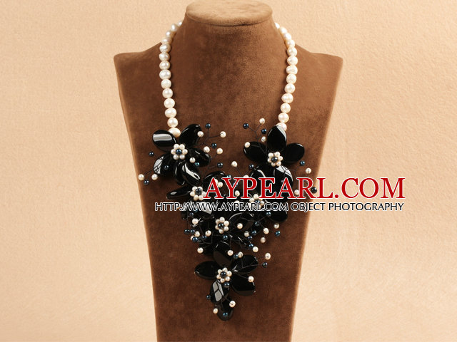 Collier Parti Marvelous Belle Déclaration naturel Perle Noire Agate Fleur