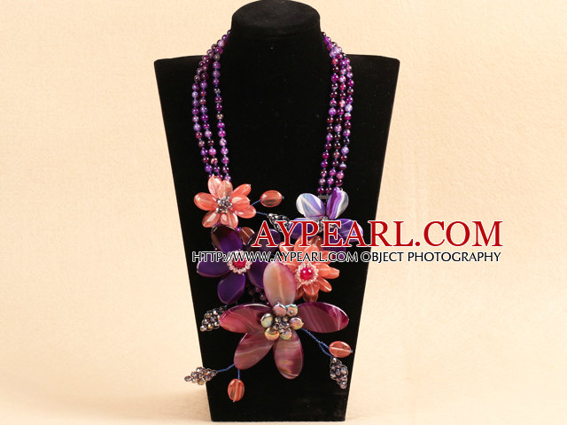 Marvelous Beautiful Pink Purple Crystal Agate Flower Statement Party Necklace