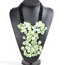 Marvelous Beautiful Black Crystal Beads Natural White Pearl Green Shell Flower Statement Party Necklace