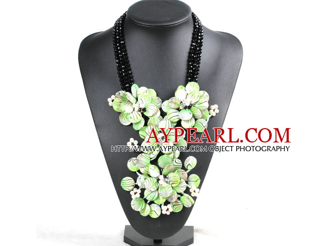 Marvelous Beautiful Black Crystal Beads Natural White Pearl Green Shell Flower Statement Party Necklace