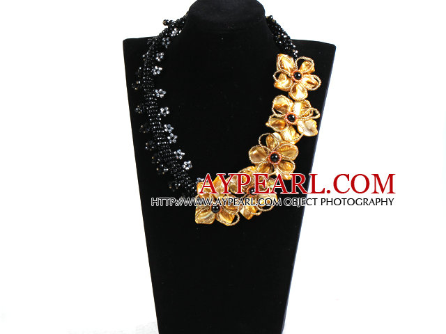 Gorgeous Beautiful Black Crystal Beads Yellow Shell Flower Statement Party Necklace