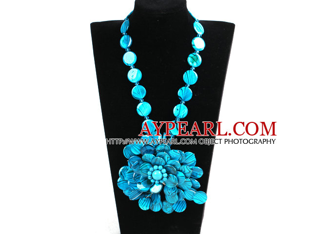 Gorgeous Beautiful Blue Series Painted Shell Flower Statement Party Necklace