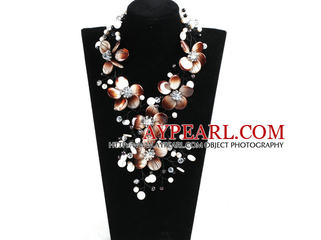 Gorgeous Beautiful Brown & White Pearl Crystal Shell Flower Statement Party Necklace