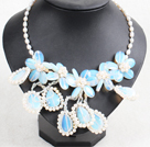 Collier Parti Superbe Belle Déclaration Natural White Opal perles d'eau douce Fleur