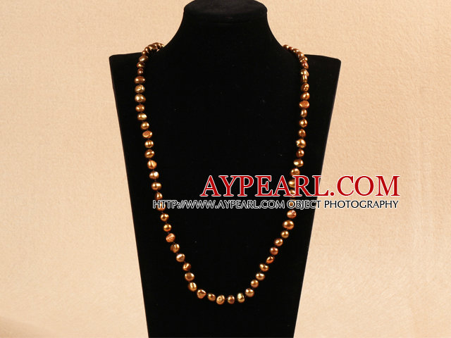 Enkelt Long stil Natural Brown Potato Shape Pearl Necklace / genser Chain