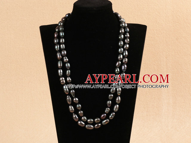 Elegant Long Stil Mother Gift 9-10mm Natural Svart Freshwater Pearl Necklace / genser Chain