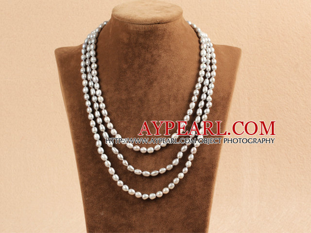 Stylish Elegant Long Style 6-7mm Natural Gray Rice Pearl Party Necklace / Sweater Chain