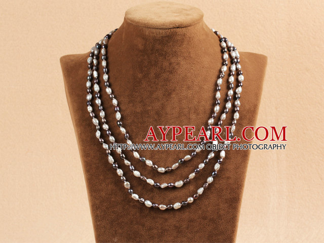 Snygg Elegant Long Style Natural Gray & Black Oblate Rice Pearl Party Halsband / tröja kedja