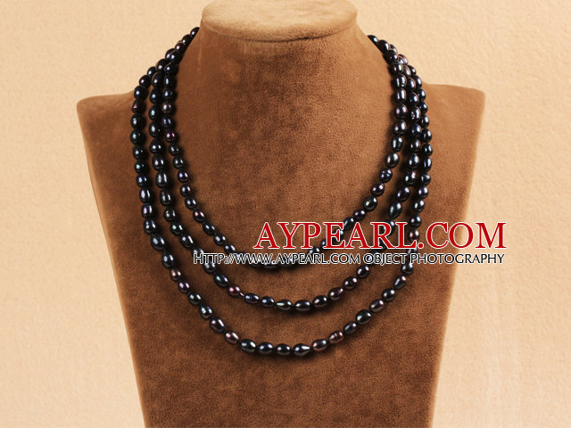 Stylish Elegant Long Style 6-7mm Natural Black Pearl Party Necklace / Sweater Chain