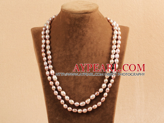 Elegant Long Style Mother Gift 8-9mm Natural Purple Freshwater Rice Pearl Necklace / Sweater Chain