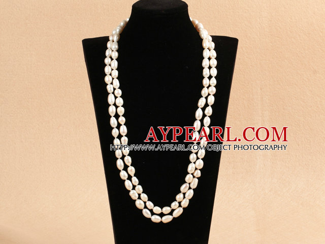 Elegant Long Style Mother Gift 8-9mm Natural White Rice Pearl Necklace / Sweater Chain