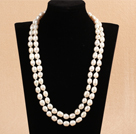 Elegant Long Stil Mother Gift 9-10mm Natural White Freshwater Rice Pearl Necklace / genser Chain