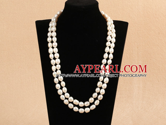 Elegant Long Stil Mother Gift 9-10mm Natural White Freshwater Rice Pearl Necklace / genser Chain