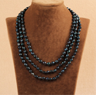 Snygg Elegant lång stil 7-8mm Natural Black Freshwater Rice Pearl Party Halsband / tröja kedja