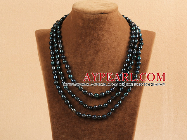 Stylish Elegant Long Style 7-8mm Natural Black Freshwater Rice Pearl Party Necklace / Sweater Chain