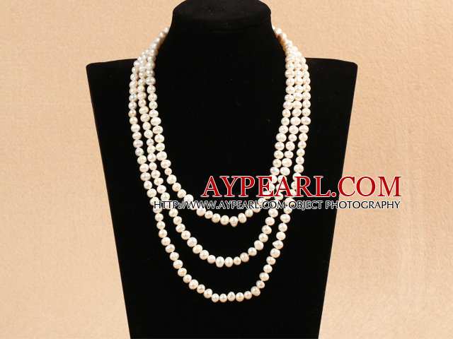 Elegant Long Style Mother Gift 6-7mm Natural White Freshwater Pearl Necklace / Sweater Chain