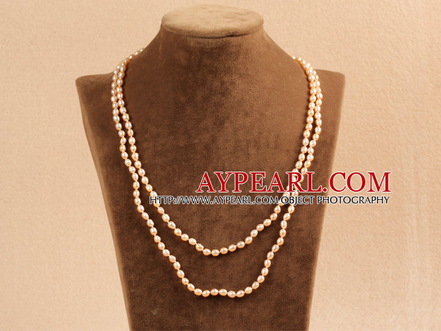 Stylish Elegant Long Style 5-6mm Natural Pink Rice Pearl Party Necklace / Sweater Chain