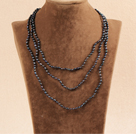 Snygg Elegant lång stil 3-4mm Naturlig svart sötvattenspärla Party Halsband / tröja kedja