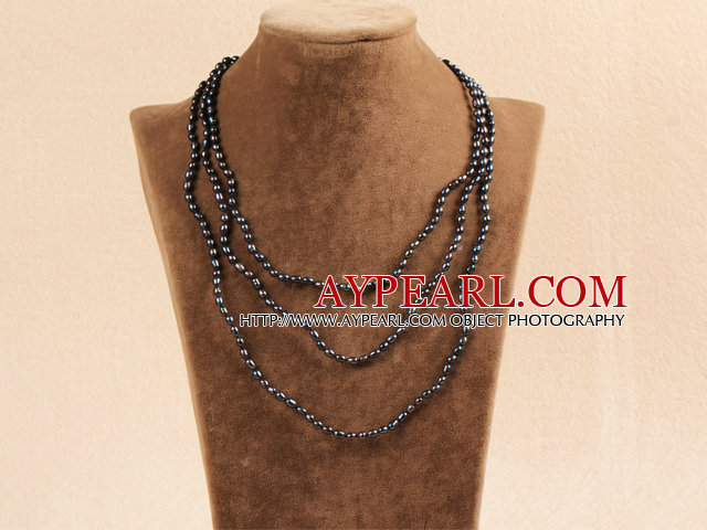 Stilig Elegant Long stil 3-4mm Natural Svart Freshwater Pearl partiet halskjede / genser Chain