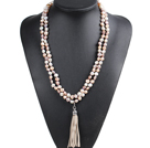 Fashion Hot Sale Potato Shape Natural White Pink Purple Pearl Long Necklace with Suede Leather Tassel (Tassel Can Be Removed)