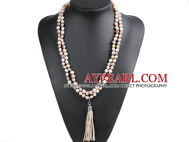 Fashion Hot Sale Potato Shape Natural White Pink Purple Pearl Long Necklace with Suede Leather Tassel (Tassel Can Be Removed)