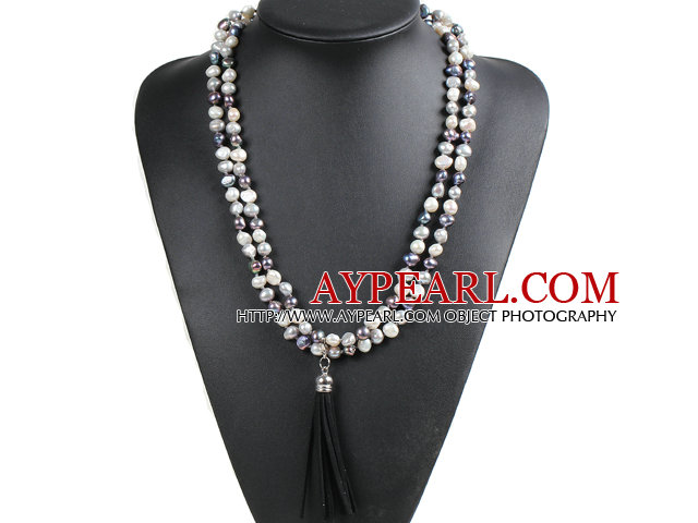 Mode Het Försäljning Potato Shape Natural White Gray Black Pearl Långt halsband med Mocka Tassel (Tassel kan tas bort)