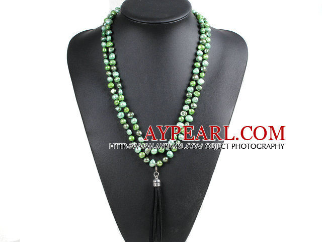 Fashion Hot Sale Potato Shape Natural Green Series Pearl Long Necklace with Suede Leather Tassel (Tassel Can Be Removed)