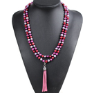 Fashion Hot Sale Potato Shape Natural Gray Purplish Red & Wine Red Pearl Long Necklace with Suede Leather Tassel (Tassel Can Be Removed)