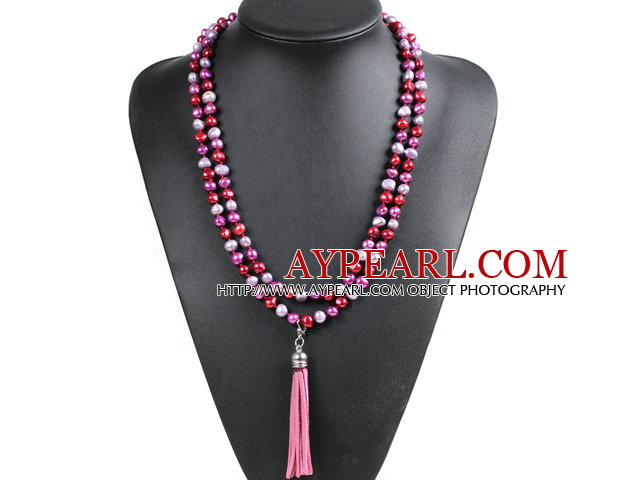 Mode Het Försäljning Potato Shape Naturliga Gray lila röd & Wine Red Pearl Långt halsband med Mocka Tassel (Tassel kan tas bort)