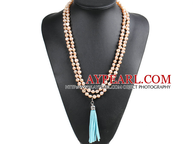 Fashion Hot Sale Potato Shape Natural Pink Pearl Long Necklace with Suede Leather Tassel (Tassel Can Be Removed)