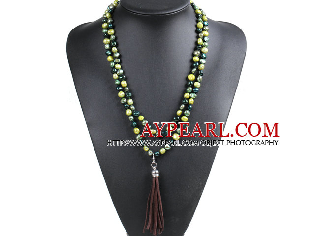 Fashion Hot Sale Potato Shape Natural Green Series Kelly Green Pearl Long Necklace with Suede Leather Tassel (Tassel Can Be Removed)