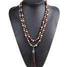 Fashion Hot Sale Potato Shape Natural Gray Light & Deep Brown Pearl Long Necklace with Suede Leather Tassel (Tassel Can Be Removed)