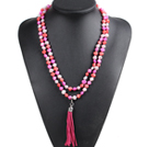 Fashion Hot Sale Potato Shape Natural White Orange & Rose Red Pearl Long Necklace with Suede Leather Tassel (Tassel Can Be Removed)