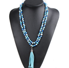 Wholesale Fashion Hot Sale Potato Shape Natural Blue Series Pearl Long Necklace with Suede Leather Tassel (Tassel Can Be Removed)