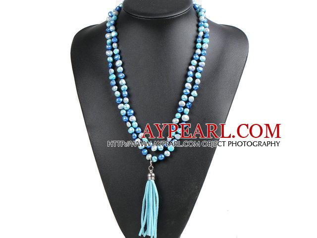 Fashion Hot Sale Potato Shape Natural Blue Series Pearl Long Necklace with Suede Leather Tassel (Tassel Can Be Removed)