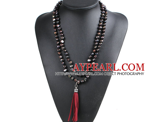 Fashion Hot Sale Potato Shape Natural Black Series Pearl Long Necklace with Suede Leather Tassel (Tassel Can Be Removed)