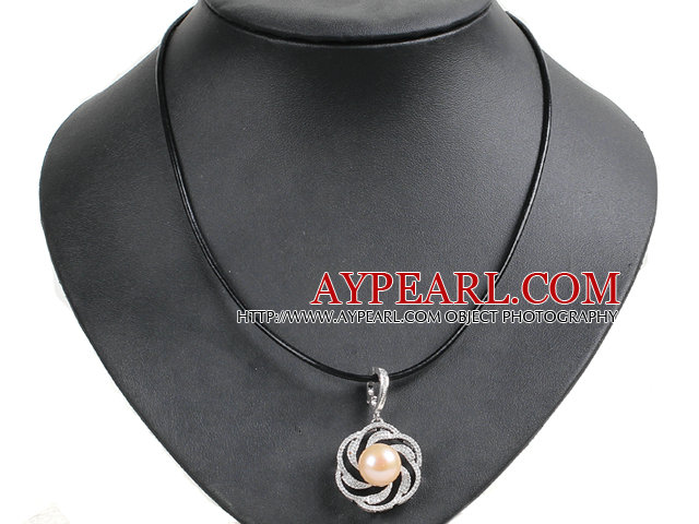 Simple Elegant Natural Big Pink Freshwater Pearl Pendant Leather Necklace