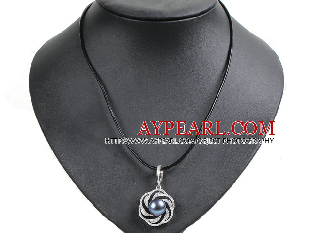 Simple Elegant Natural Big Black Freshwater Pearl Pendant Leather Necklace