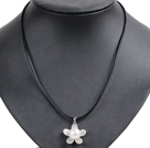 Simple Elegant Natural Big White Freshwater Pearl Flower Pendant Leather Necklace