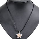 Simple Elegant Natural Big Pink Freshwater Pearl Flower Pendant Leather Necklace