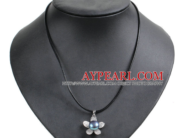 Simple Elegant Natural Big Black Freshwater Pearl Flower Pendant Leather Necklace
