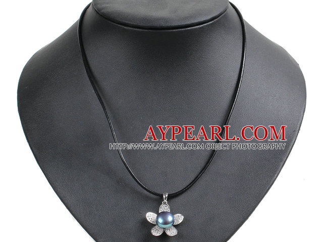 Simple Elegant Natural Big Black Ferskvann Pearl Flower Pendant Leather Halskjede