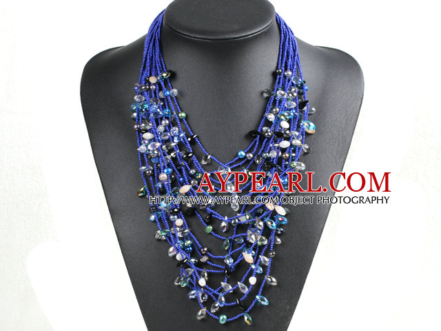 Luxurious Statement 15 Layers Deep Blue Series Crystal Pearl Party Necklace