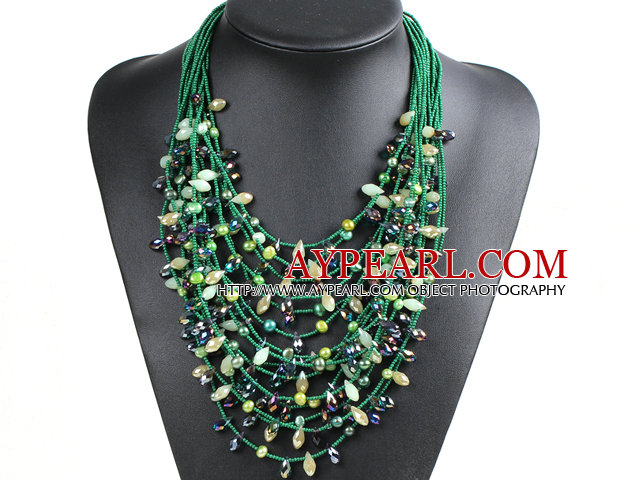 Luxurious Statement 15 Layers Christmas Green Series Crystal Pearl Party Necklace