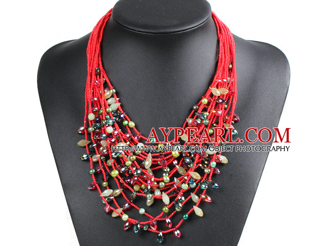 Luxurious Statement 15 Layers Christmas Red & Green Series Crystal Pearl Party Necklace