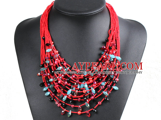 Luxurious Statement 15 Layers Christmas Red Series Crystal Pearl Party Necklace