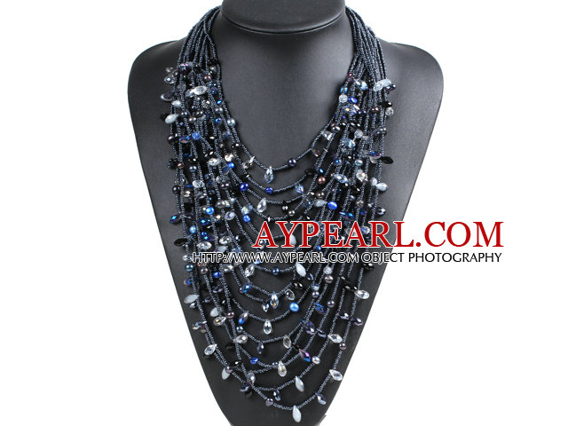 Luxurious Statement 15 Layers Black Series Crystal Pearl Party Necklace