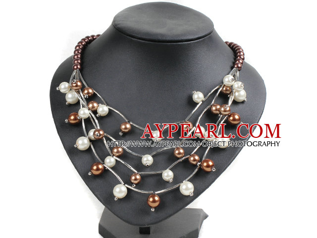 Trendy Style Multi Strand Brown & White Seashell Beads Necklace With Bending Alloyed Tube