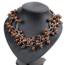 Trendy Style Multi Strand Brown Seashell Beads Twisted Necklace With Bending Alloyed Tube